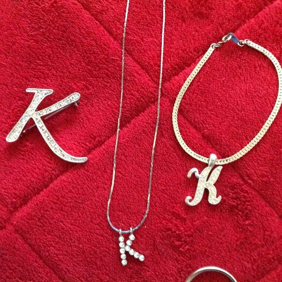 Lot of Vintage Rhinestone "K" Initial Jewelry and Key Ring - Picture 2 of 6